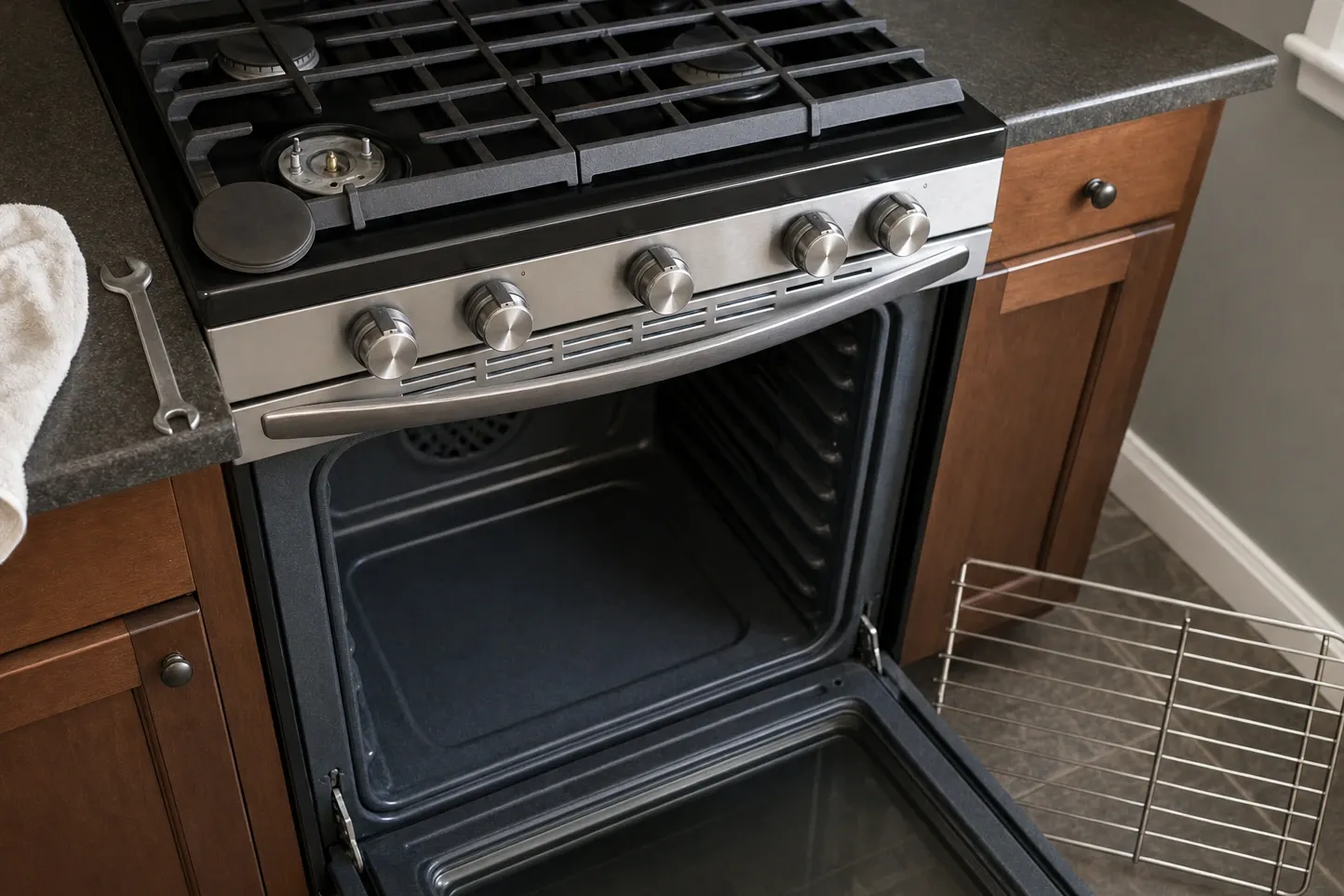Freestanding gas range with a burner cap set down on the cooktop and the oven standing open, the round fan grille readable at the back of the cavity