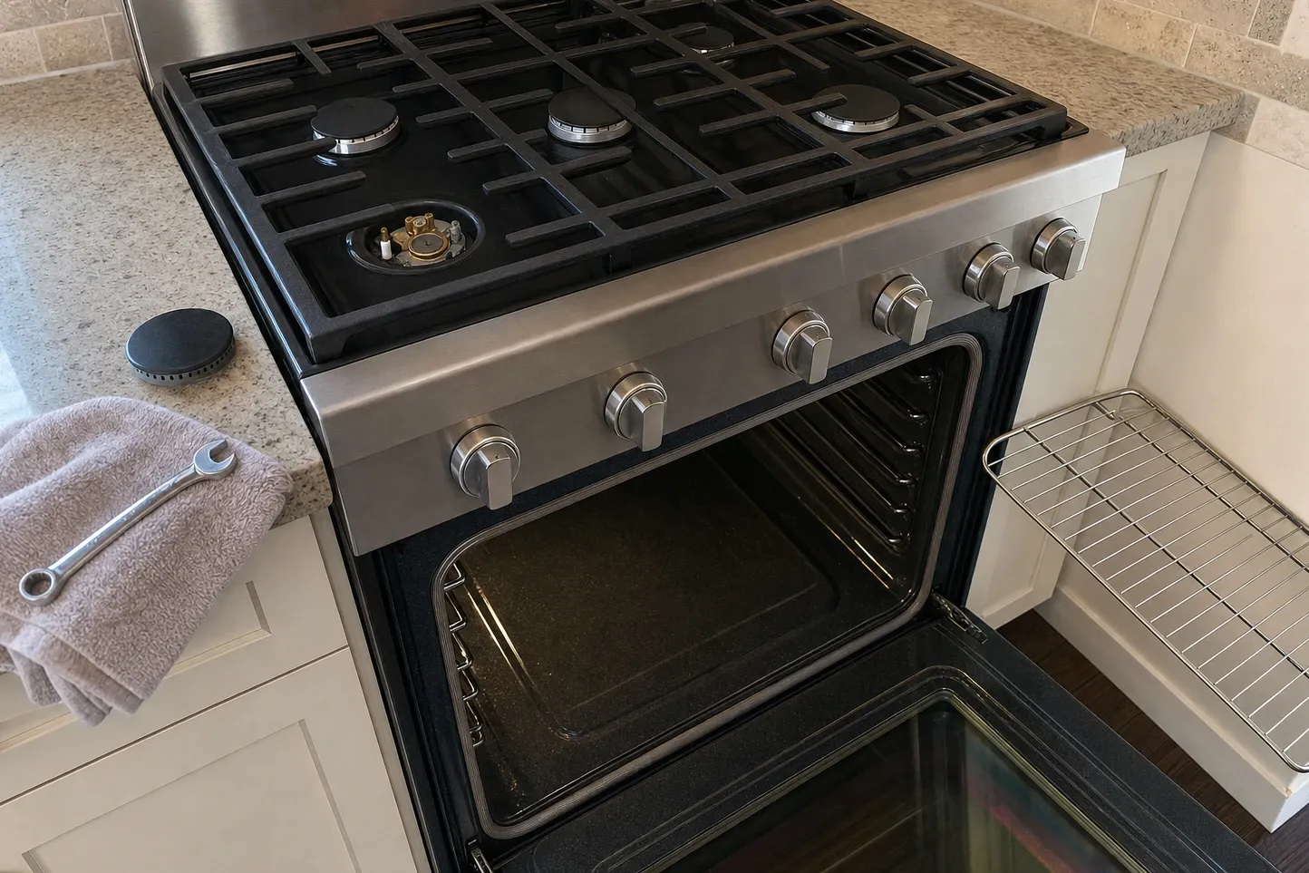 Gas range in a white-cabinet kitchen with a burner cap set on the granite counter beside a towel and a combination wrench