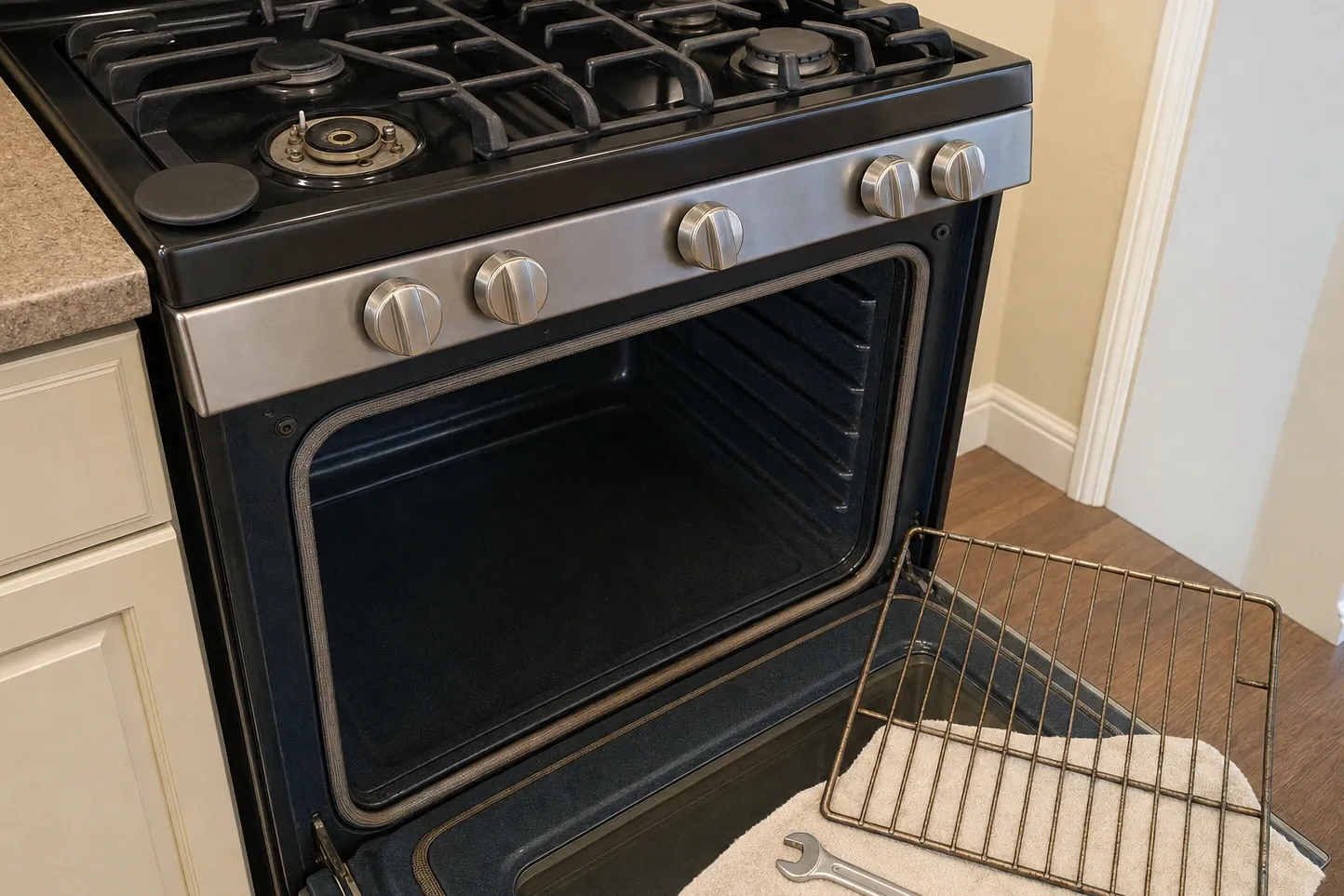 Open oven door on a gas range with the braided door gasket visible right round the cavity opening and both hinges in frame