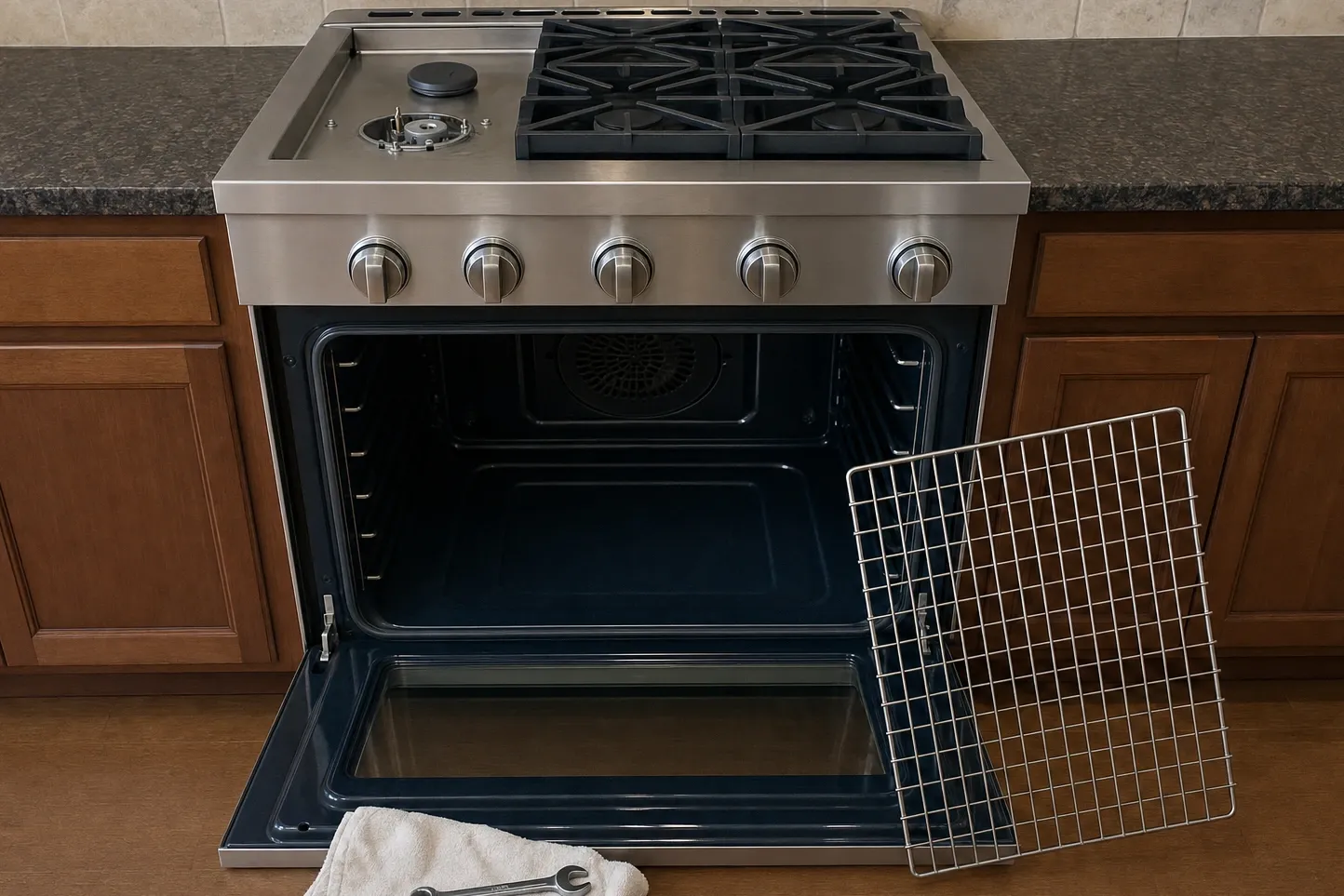Pro-style stainless range with the oven door open, one burner cap removed from the griddle-side burner and an oven rack leaning against the door