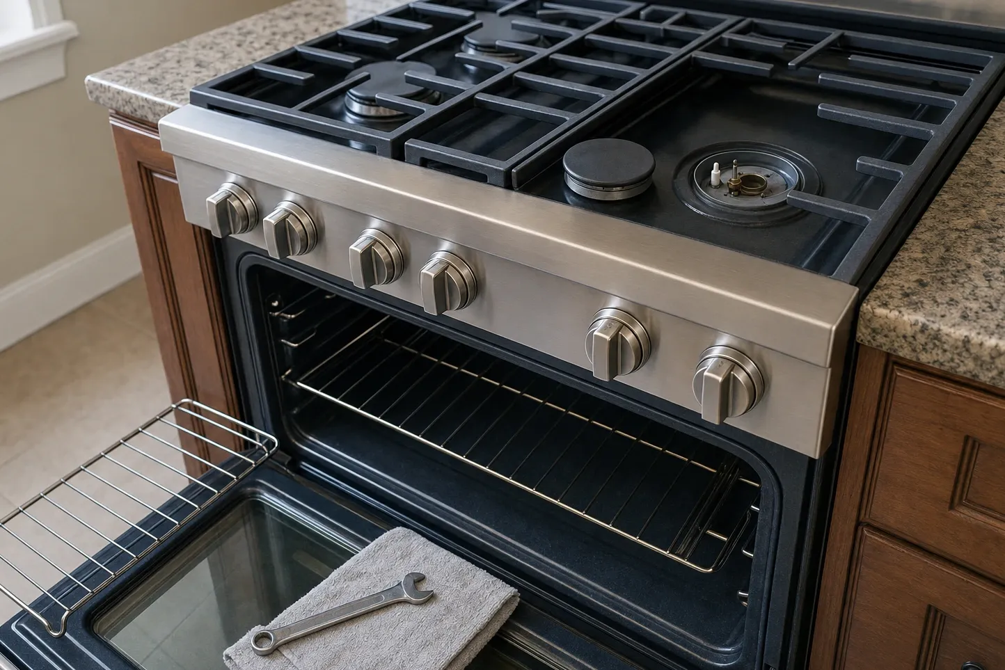 Pro-style gas range on granite with a burner cap lying loose on the cooktop next to a fully exposed burner head and its electrode