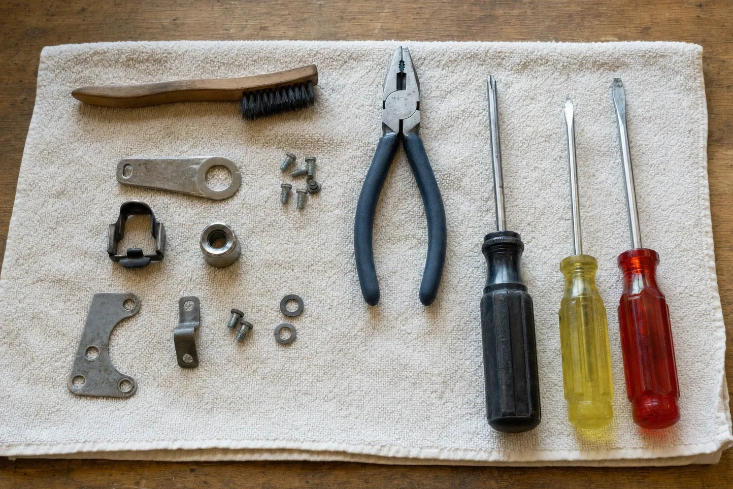 Overhead flat-lay of a wooden-handled wire brush, linesman pliers and three screwdrivers beside a flat steel lever arm with a ring eye, a formed clip, a threaded collar, a drilled bracket, a strap link, screws and washers