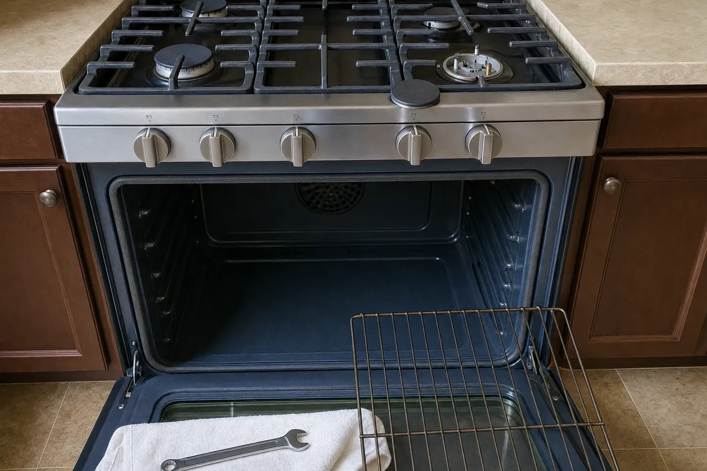 Five-knob stainless range in a cherry-cabinet kitchen, one burner uncapped at the right and the oven open on a round perforated fan cover at the back of the cavity