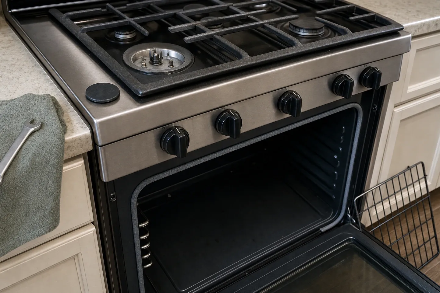 Gas range with black control knobs seen at an angle, the left burner stripped to its base and electrodes, its cap on the counter beside a green towel and an open-end wrench