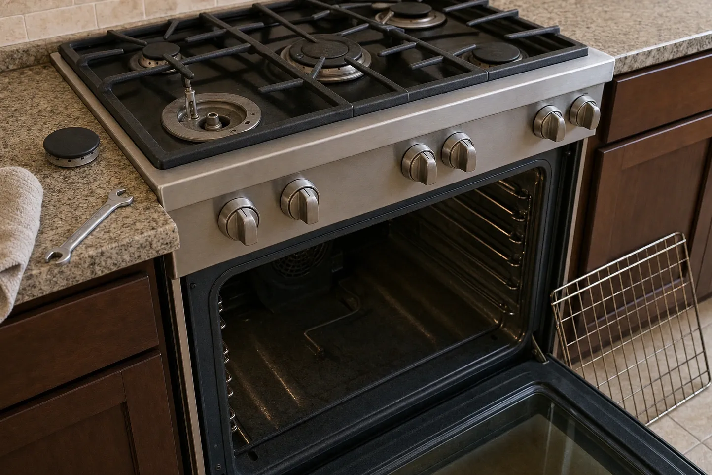 Stainless range on granite with the front-left burner uncapped, a tall spark electrode standing over the burner base and the brass orifice open in the middle of it