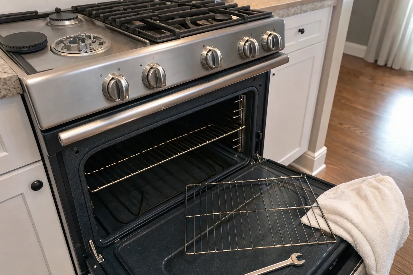 Stainless range in a white shaker kitchen with one burner uncapped, the oven open with a rack still on its runners, a second rack drawn onto the door and a towel over the end of it