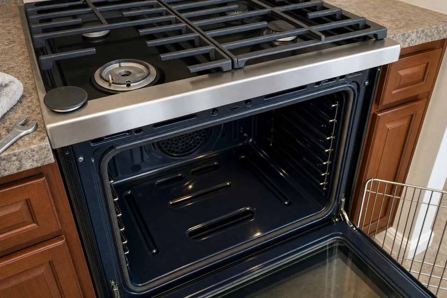 Close angle on a range under heavy cast-iron grates with one burner uncapped to its brass orifice, the oven open on a blue-grey cavity and a round perforated fan cover at the back left