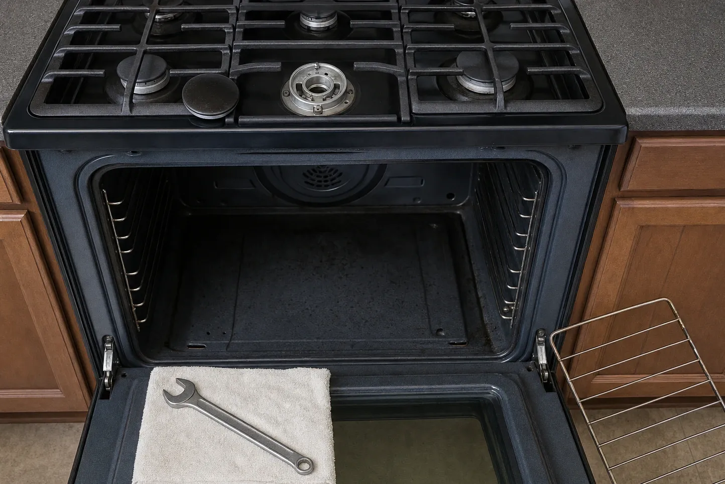 Looking down on a black-topped gas range with the centre burner stripped to its machined base ring and mounting screws, the oven open on a round perforated fan cover and both hinge arms in frame