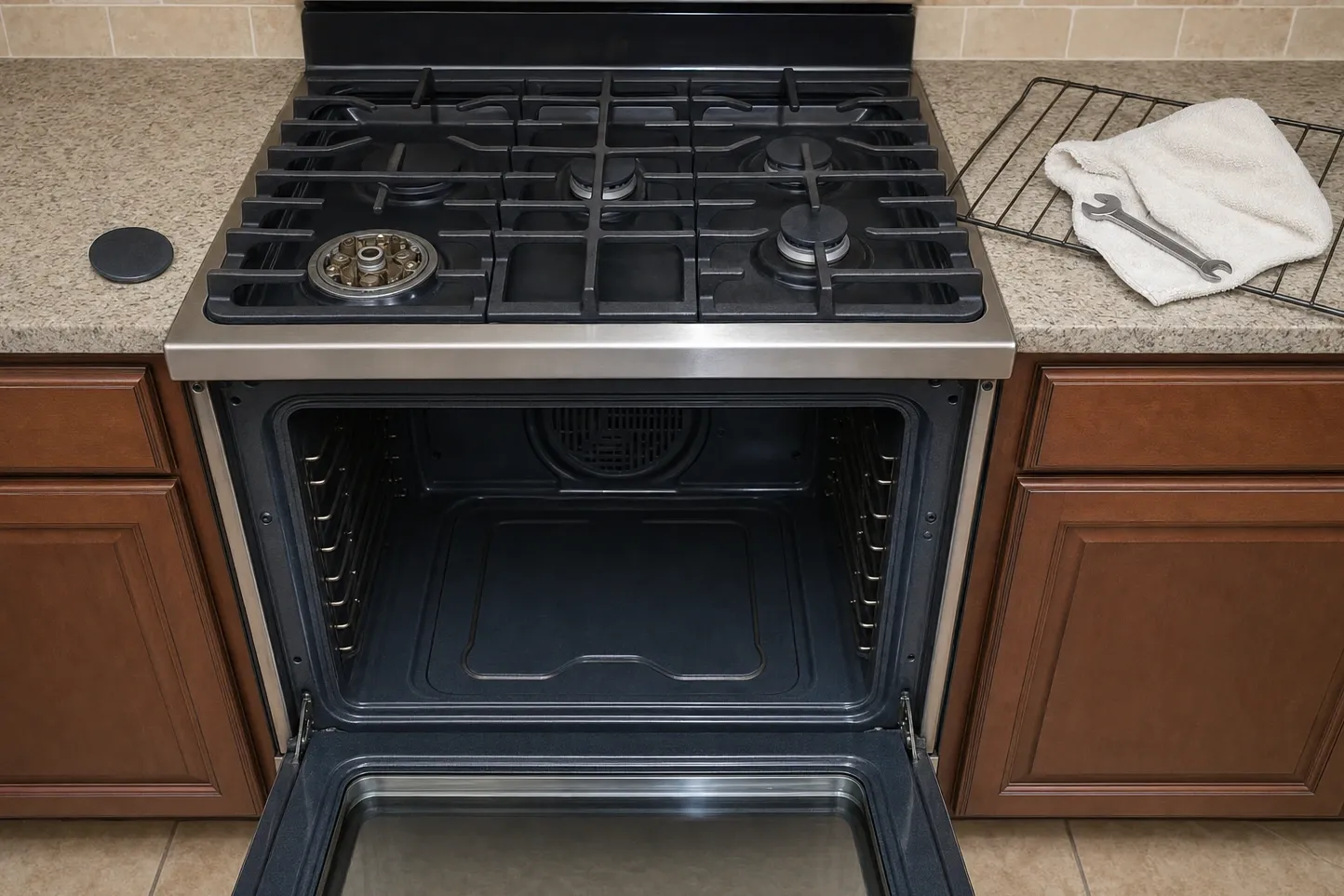 Gas range straight on under a black back-guard with one burner uncapped to its brass base and an oven rack laid flat on the counter to the right under a towel and wrench