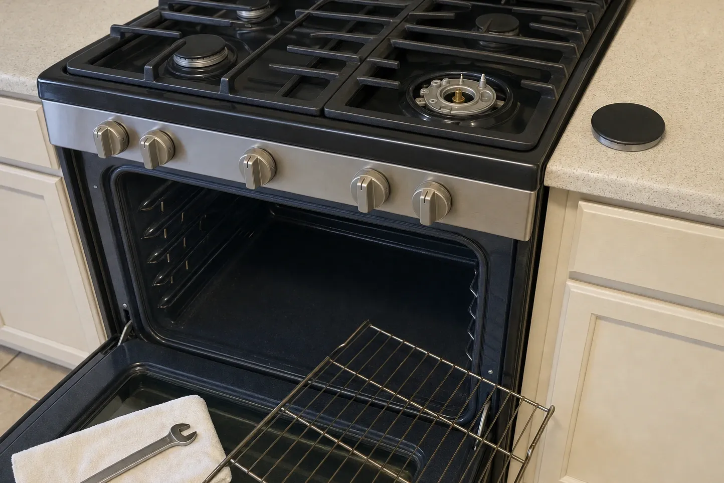 Stainless range in a cream-cabinet kitchen with the front-right burner stripped to a brass orifice and white electrode, its cap on the counter and a rack drawn half out of the oven