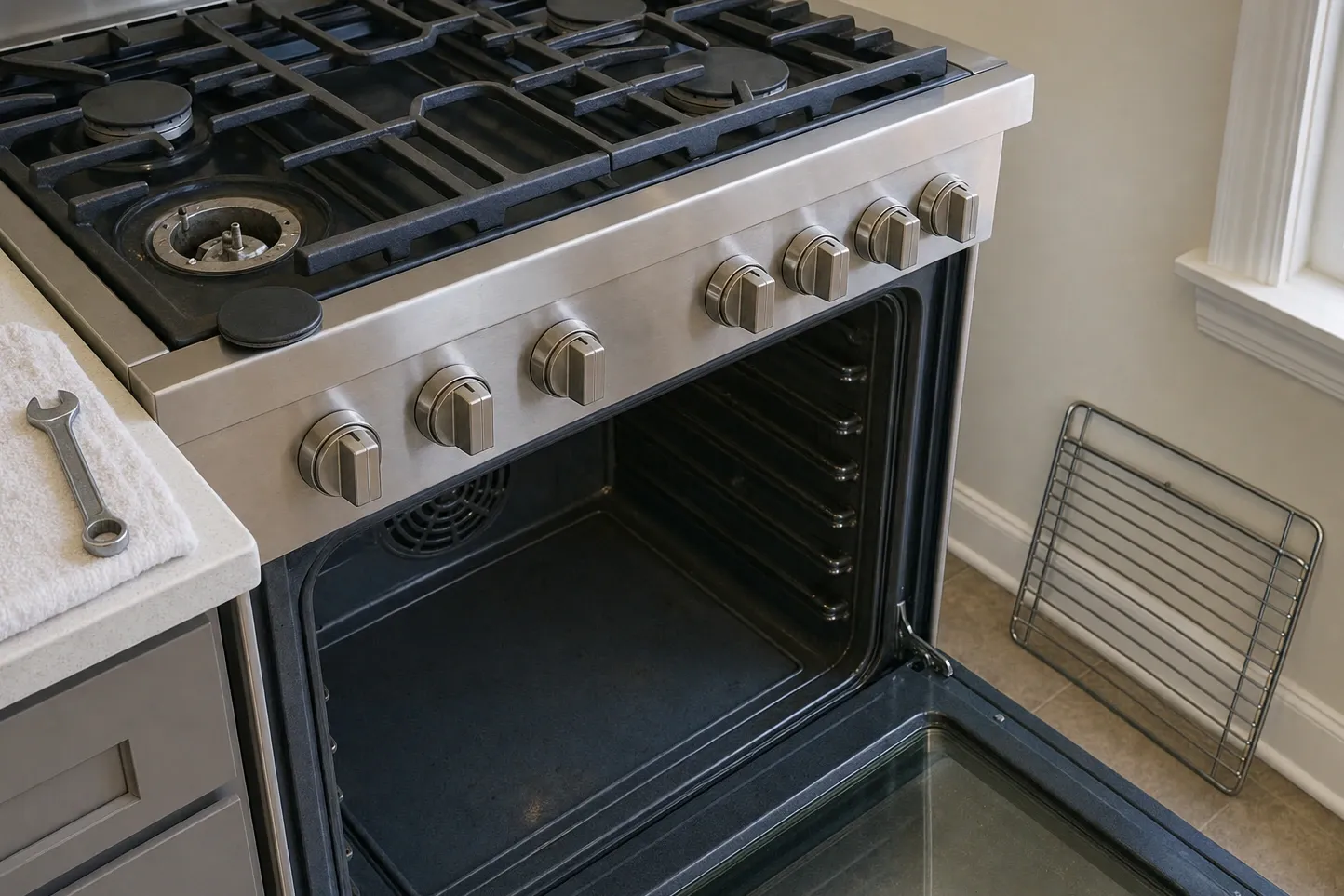 Close angle on a professional range with seven knobs along one long control rail, a burner uncapped above them and a round fan grille low in the wall of the open cavity