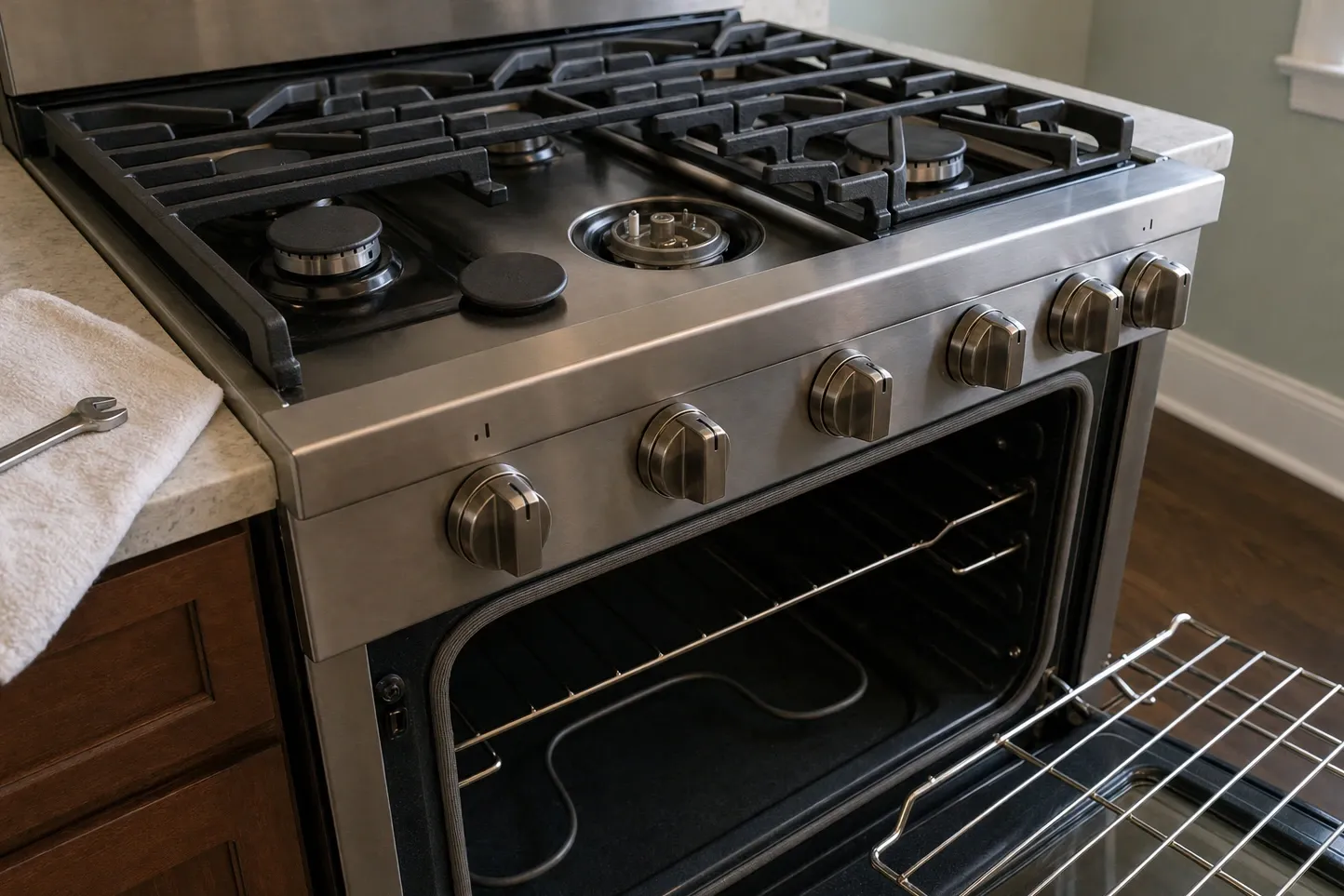 Stainless range against a green wall and marble counter with the centre burner stripped to its spud and the oven part open on the shaped burner cover across the cavity floor