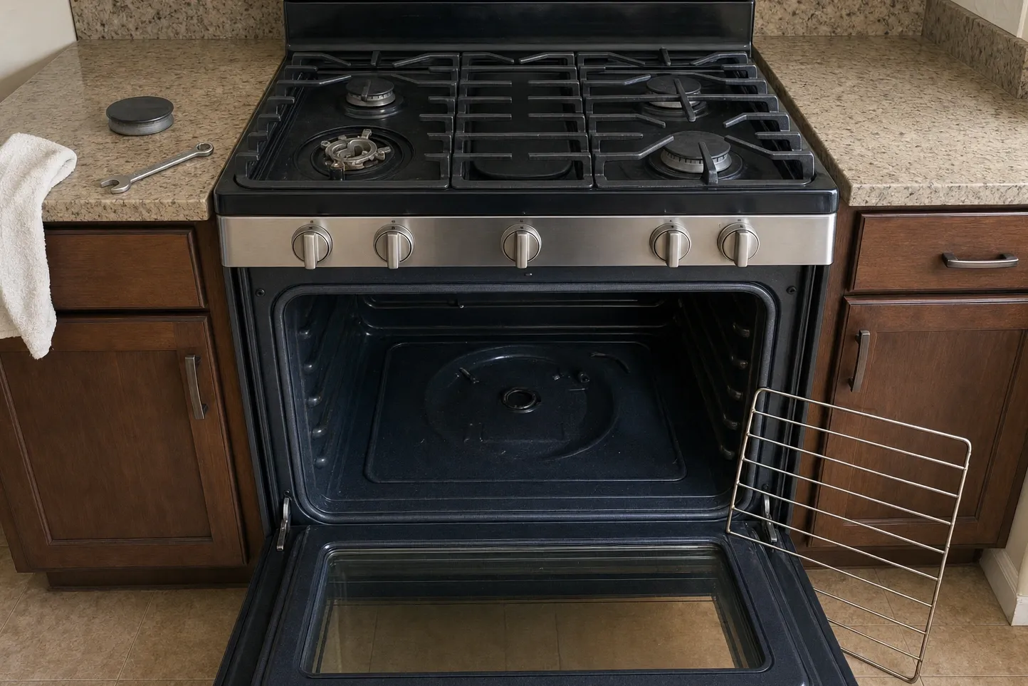 Black and stainless range straight on with one burner cap off and the ports of the burner head fully in view, the oven open on an oval cover plate lying on the cavity floor