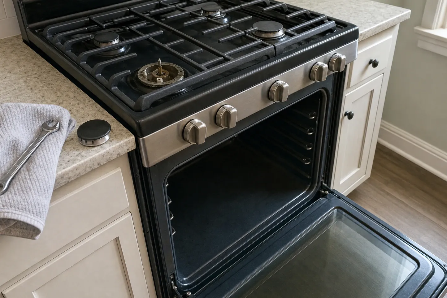 Black-topped gas range with a stainless control rail, one burner stripped to a tall centre spud and the oven standing open on an empty cavity with bare rack rails